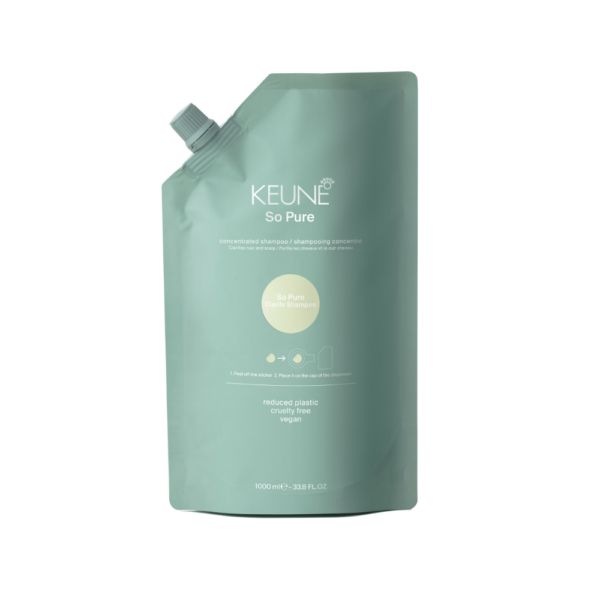 Keune So Pure concentrated shampoo refill pouch in teal packaging with white logo on front.