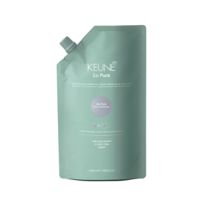 Teal pouch of KEUNE So Pure concentrated conditioner with a screw cap, 1000 ml; vegan and cruelty-free setup.