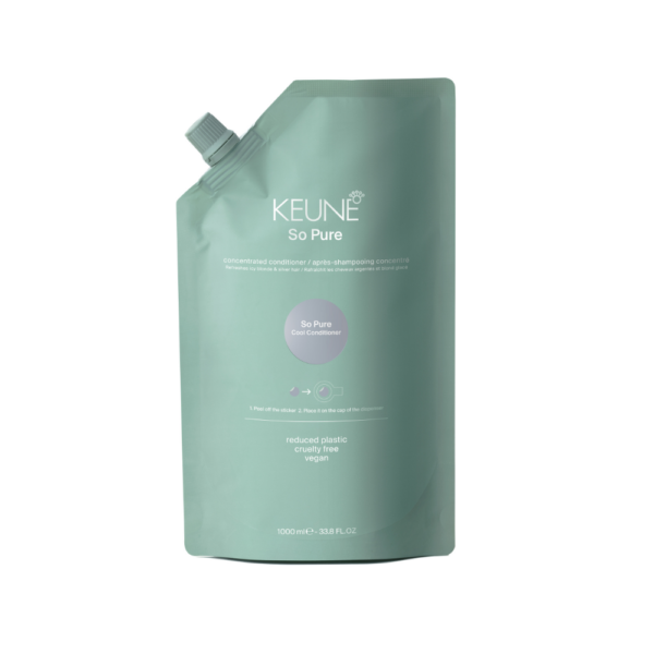 Teal pouch of KEUNE So Pure concentrated conditioner with a screw cap, 1000 ml; vegan and cruelty-free setup.