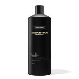Black bottle of Sebastian conditioner with white label, standing upright on a white background.