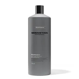 Gray bottle of Sebastian Professional shampoo with a black cap, shown on a white background.
