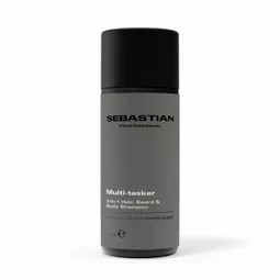 Sebastian Professional Multi-Tasker bottle, gray cylindrical container with black cap, shown upright.