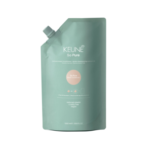 Teal Keune So Pure Polish Conditioner refill pouch with nozzle, 1000 ml, labeled concentrated conditioner for after-shampooing.