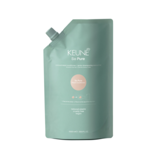 Teal Keune So Pure Polish Conditioner refill pouch with nozzle, 1000 ml, labeled concentrated conditioner for after-shampooing.