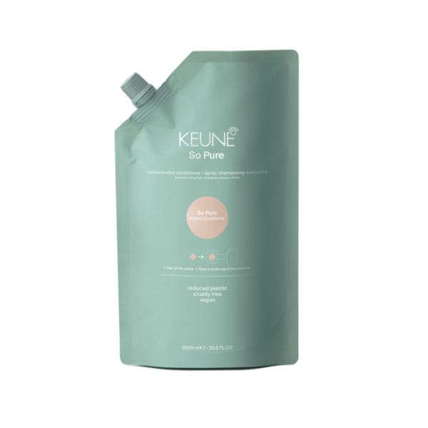 Teal Keune So Pure Polish Conditioner refill pouch with nozzle, 1000 ml, labeled concentrated conditioner for after-shampooing.