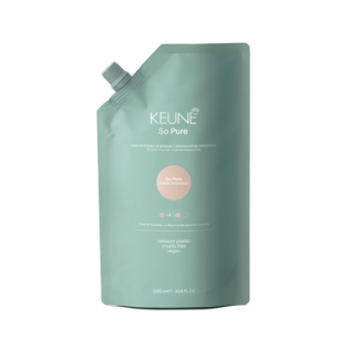 Keune So Pure shampoo refill pouch in mint-green packaging with a twist cap on the top-left.