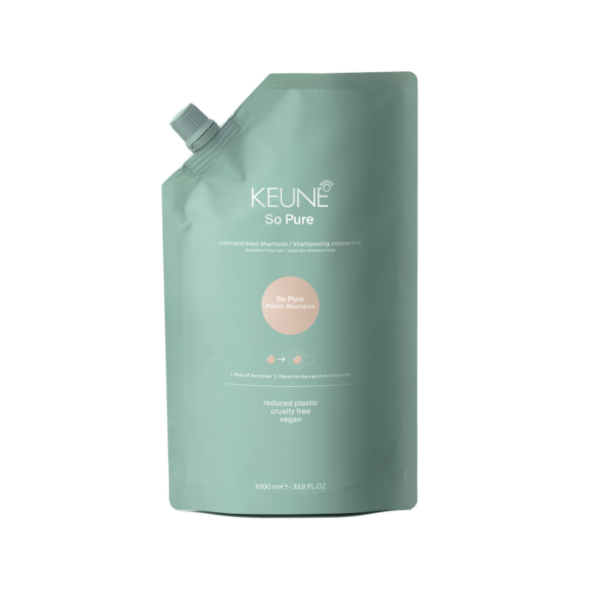 Keune So Pure shampoo refill pouch in mint-green packaging with a twist cap on the top-left.