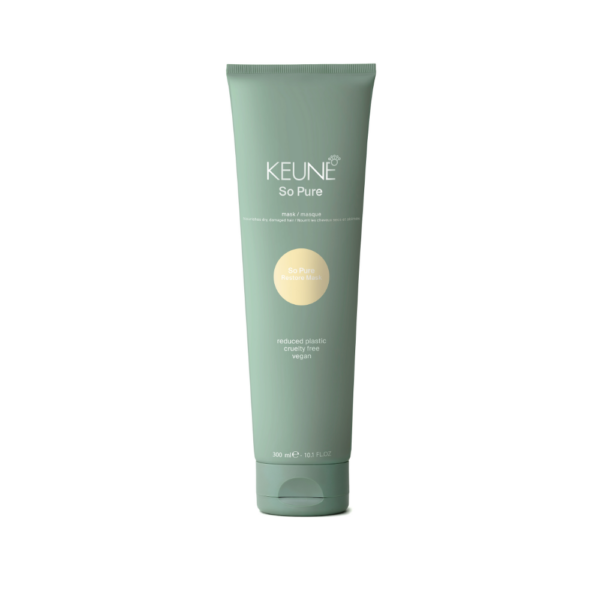 Keune So Pure hair mask tube in green packaging, 300 ml, vegan and cruelty-free.
