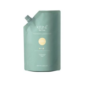 Keune So Pure hair care refill pouch, teal bag with screw-top cap, 400 ml.