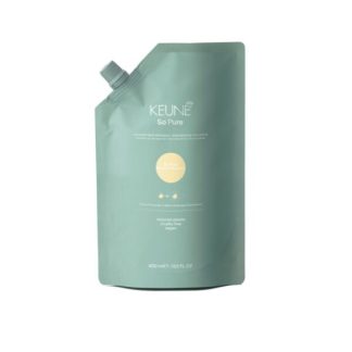 Keune So Pure hair care refill pouch, teal bag with screw-top cap, 400 ml.