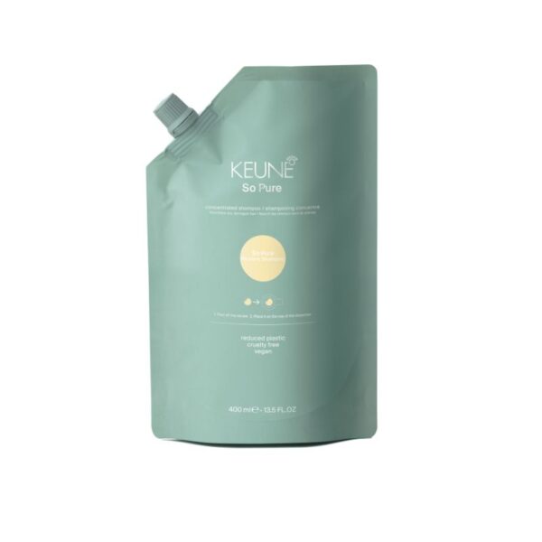 Keune So Pure hair care refill pouch, teal bag with screw-top cap, 400 ml.