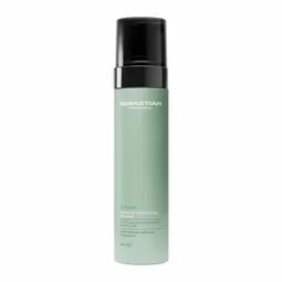 Mint green spray bottle with a black cap and nozzle, likely a cosmetic hair product.